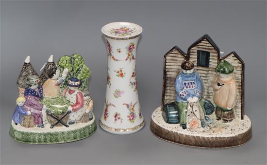 Two Rye Pottery figure groups, The Net Menders and The Hop Pickers and a Dresden Flowers hat pin holder